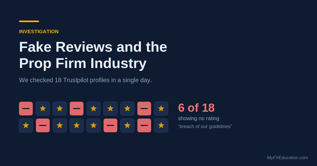 Prop firm fake reviews on Trustpilot: 6 of 18 profiles checked showed no rating, MyFXEducation investigation, September 2026